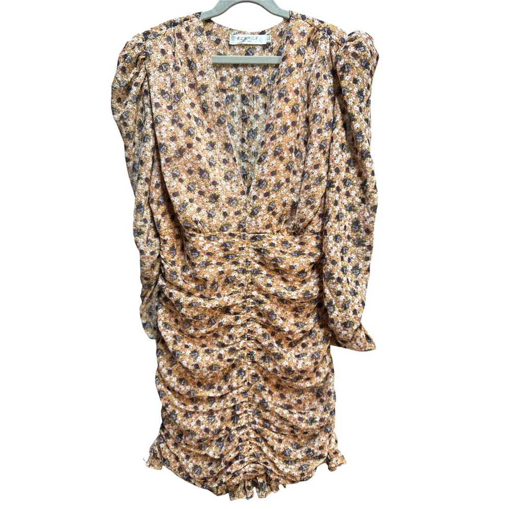 Elenza Floral Ruched Mini Dress Long‎ Sleeve Lined Large Romantic Glam Chic